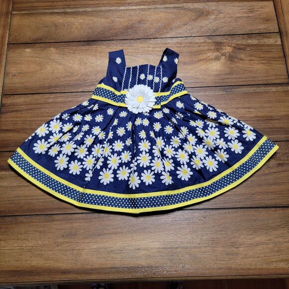 Youngland Baby Navy Yellow & White Sleeveless Daisy Dress - Size 12M - Picture 1 of 9